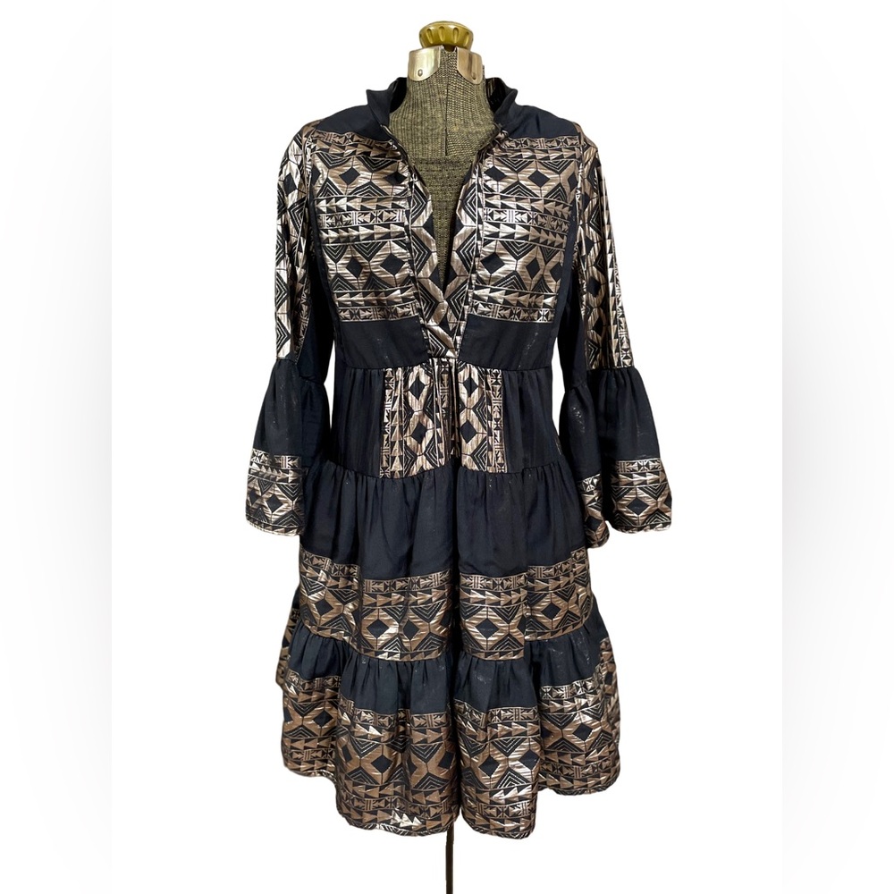 Lace The Label Black Gold Boho Tiered Mini Dress Bell Sleeve Luxury Resort EUC